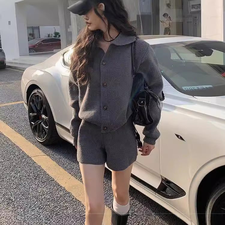 Korean Style Knitted Cardigan Shorts Set