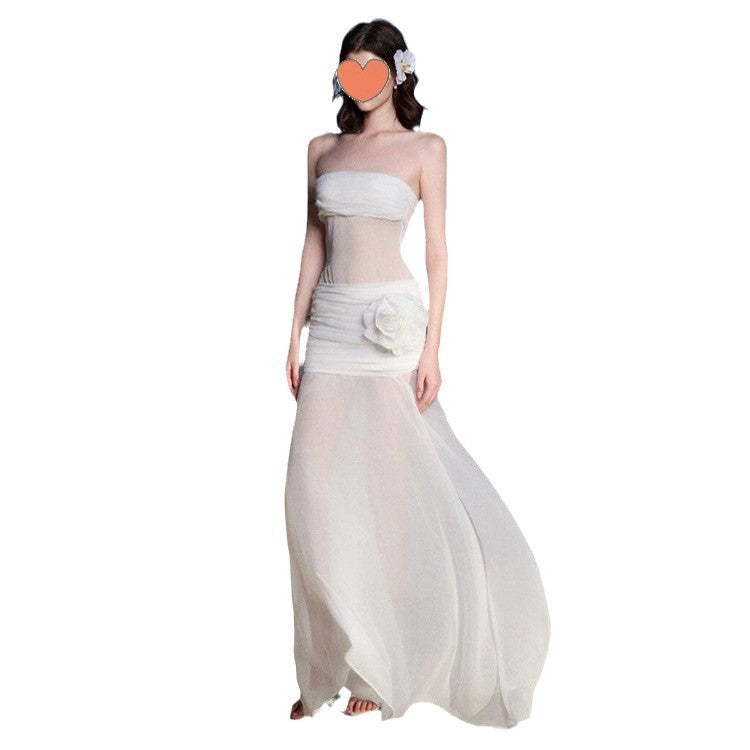 Women's Elegant Mesh Fairy Tube Dress with Floral Print