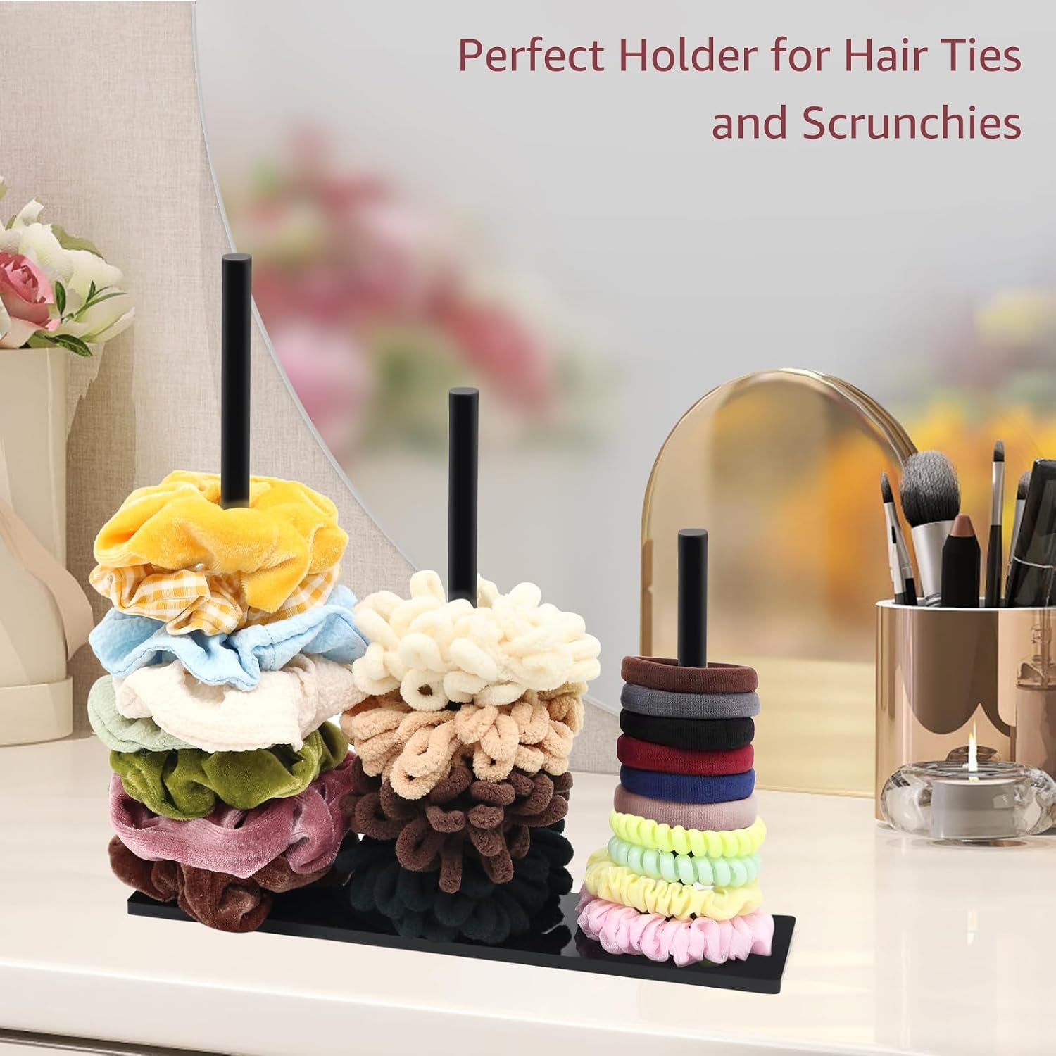 3-Tiers Acrylic Scrunchie Holder Organizer, Black Hair Tie Holder Stand for Women Teen Girls Scrunchie Storage Scrunchy Hair Accessories Organizer