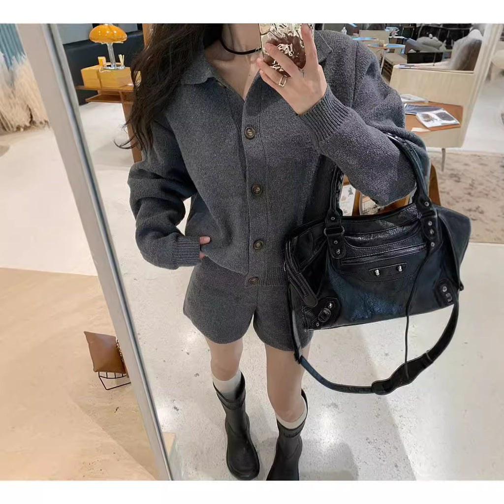 Korean Style Knitted Cardigan Shorts Set