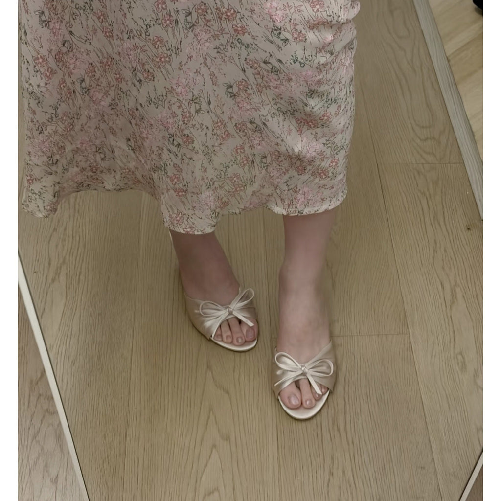 Fairy-Style Bow-Knot Satin Open-Toe High Heeled Slippers for Women