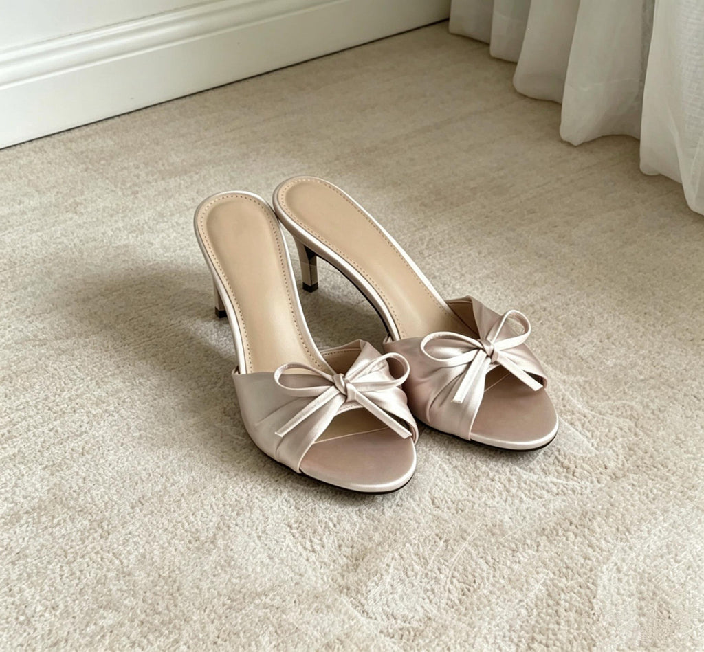 Fairy-Style Bow-Knot Satin Open-Toe High Heeled Slippers for Women