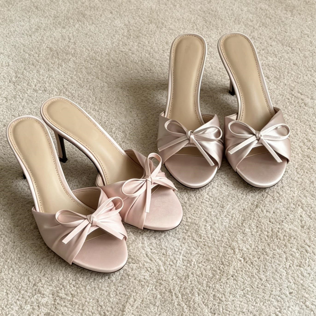 Fairy-Style Bow-Knot Satin Open-Toe High Heeled Slippers for Women