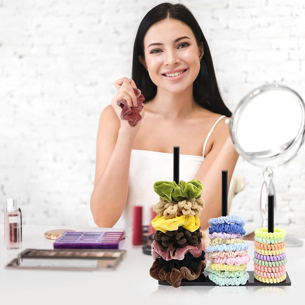 3-Tiers Acrylic Scrunchie Holder Organizer, Black Hair Tie Holder Stand for Women Teen Girls Scrunchie Storage Scrunchy Hair Accessories Organizer