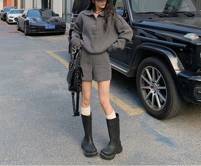 Korean Style Knitted Cardigan Shorts Set