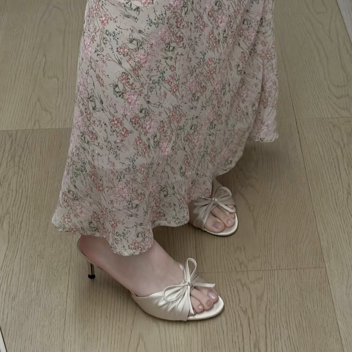 Fairy-Style Bow-Knot Satin Open-Toe High Heeled Slippers for Women