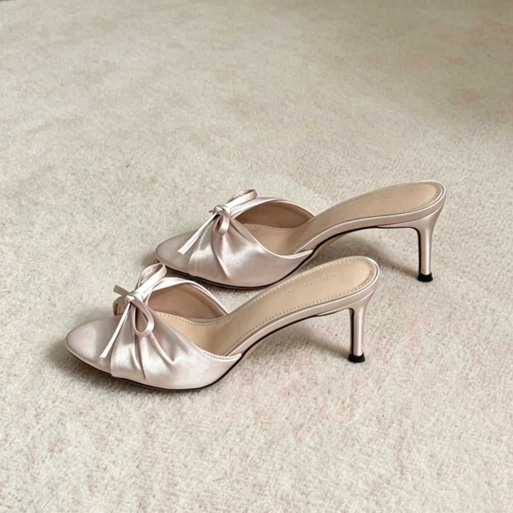 Fairy-Style Bow-Knot Satin Open-Toe High Heeled Slippers for Women