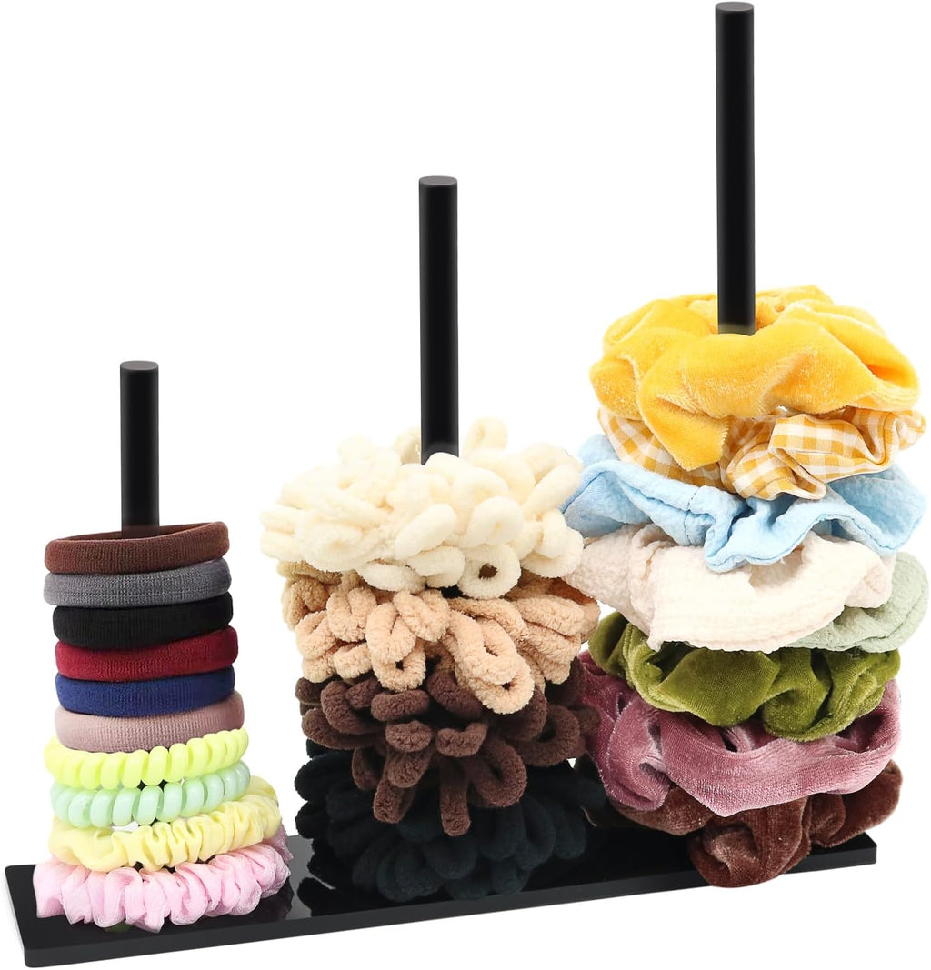 3-Tiers Acrylic Scrunchie Holder Organizer, Black Hair Tie Holder Stand for Women Teen Girls Scrunchie Storage Scrunchy Hair Accessories Organizer